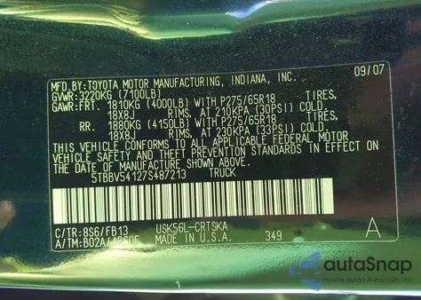 2007 Toyota Tundra Sr5 5.7L V8 из США, поврежденный, VIN 5TBBV54127S487213